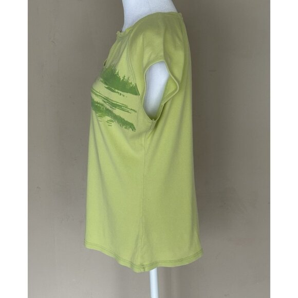 COLUMBIA Womens V Neck Cap Sleeve Graphic T Shirt Large Lime Green Cotton - Picture 3 of 10